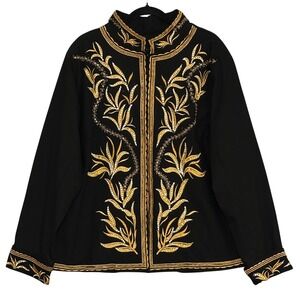 Giclee Womens Jacket Plus 2X Black Gold Embroidered Sequin Mandarin Royal Ornate